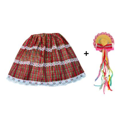 Imagem de Kit Saia Curta Feminina Xadrez Festa Junina Acinturada Rodada Renda São João Mini Chapéu de Palha Presilha Tiara Look Adulto Criança