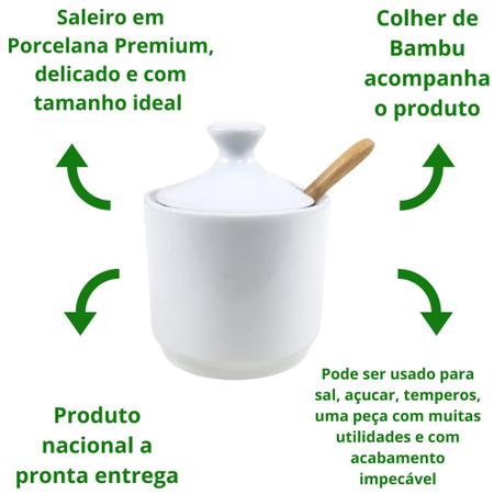 Imagem de Kit Saleiro e Açucareiro Porcelana Branca Com Colher e Base De Bambu 250gr