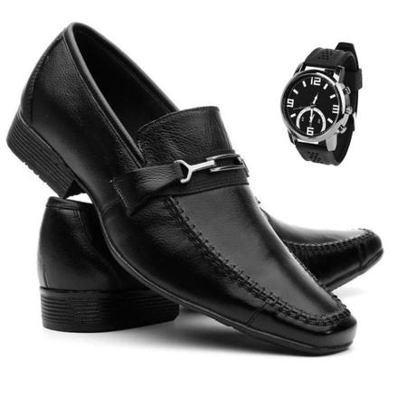 Kit Sapato Social Masculino De Couro Legítimo Moderno Bico Quadrado Calce Fácil Confort + Relógio - Sanel Shoes Imagem de Kit Sapato Social Masculino De Couro Legítimo Moderno Bico Quadrado Calce Fácil Confort + Relógio