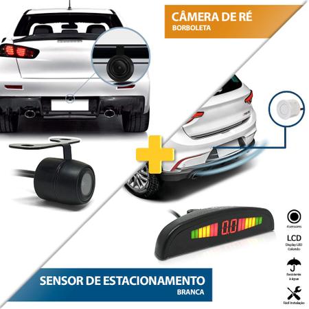 Imagem de Kit Sensor de Ré Branco + Câmera de Ré Traseira Renault Sandero 2007 2008 2009 2010 Estacionamento Aviso Sonoro
