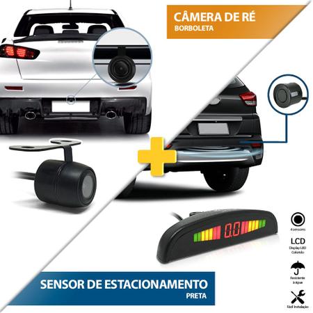 Imagem de Kit Sensor de Ré Preto Fosco Emborrachado + Câmera de Ré Traseira Renault Sandero 2007 2008 2009 2010 Estacionamento Aviso Sonoro