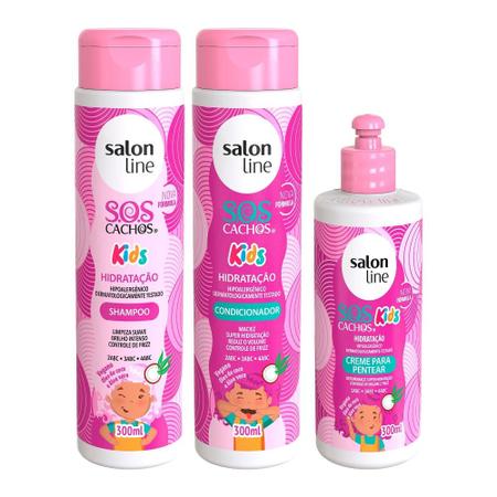 Imagem de Kit Shampoo + Condicionador + Creme para Pentear 300ml SOS Cachos Kids Hidratação Salon Line
