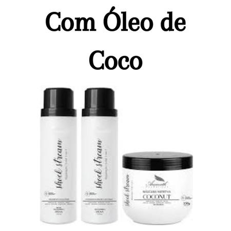 Imagem de Kit  Shock Stream 380Ml Aramath shampoo sem sal máscara óleo de coco condicionador cabelos cacheados