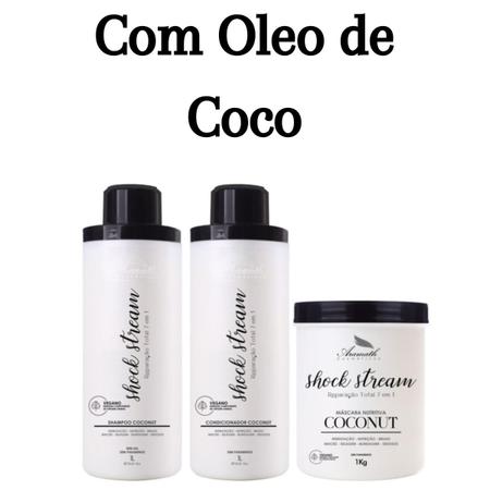 Imagem de Kit Shock Stream Litro Aramath shampoo sem sal máscara condicionador óleo de coco profissional vegano
