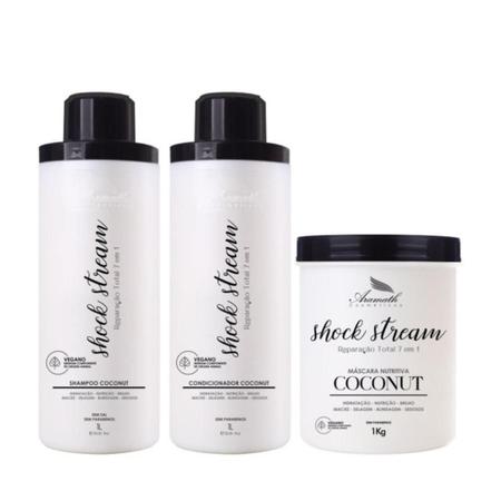 Imagem de Kit Shock Stream Litro Aramath shampoo sem sal máscara condicionador óleo de coco profissional vegano