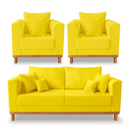 Imagem de Kit Sofá 3 Lugares e 2 Poltronas Beny Viena Para Sala de Estar Suede Amarelo - Madeira Prima Deccor