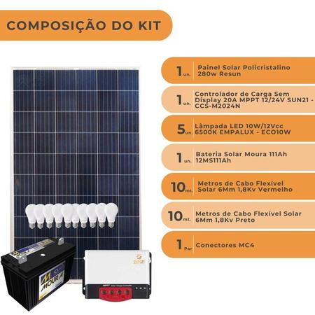 Imagem de Kit Solar Iluminação 280w Resun 5 Lâmpadas com Bateria 12v