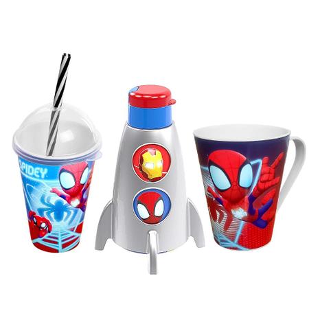 Imagem de Kit Super-herói Homem Aranha Copo Garrafa Foguete e Caneca