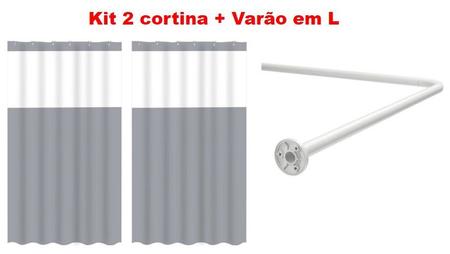 Imagem de Kit Suporte Varão Banheiro Curvo Em L c/ 2 Cortina Box Cinza