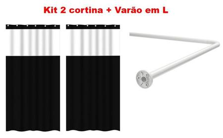 Imagem de Kit Suporte Varão Banheiro Curvo Em L c/ 2 Cortina Box Preta