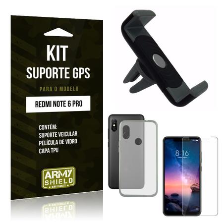 Kit Suporte Veicular Compatível Xiaomi Redmi Note 6 Pro Suporte + Película  + Capa - Armyshield - Kit Capinha e Película para Celular - Magazine Luiza