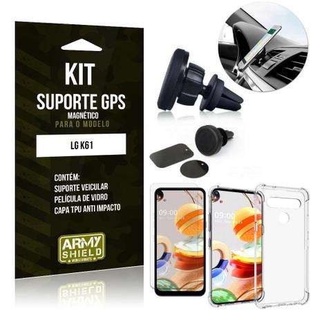 Imagem de Kit Suporte Veicular Magnético LG K61 Capinha Anti Impacto +Película Vidro - Armyshield