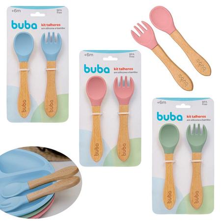 Imagem de Kit Talher De Silicone Bambu Garfo Colher De Bebê Buba