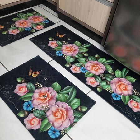 Imagem de Kit Tapete Cozinha Jogo 3 Peças Antiderrapante Flor Rosa 02