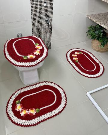 Imagem de Kit Tapete De Banheiro Ipê Bordado 3 Peças Crochê Artesanal