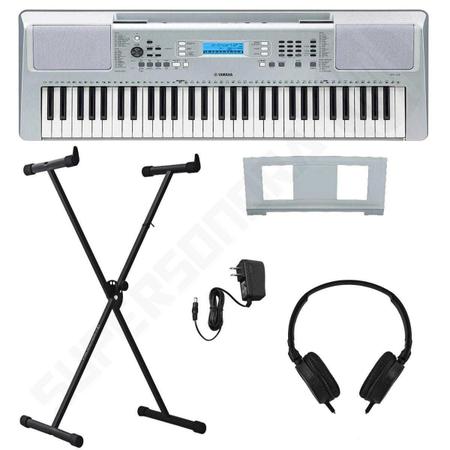 Imagem de Kit Teclado Musical Arranjador YPT 370 Yamaha Prata 61 Teclas + Suporte X + Fone de Ouvido