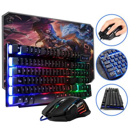 Mouse de Jogo 2400DPI Teclado Gamer Semi Mecânico Caixa de Som PC Black  Piano Gabinete Vidro Temperado - Hayom - Kit Gamer - Magazine Luiza