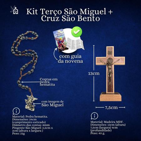 Imagem de Kit Terço De São Miguel Arcanjo Pedra Hematita + Crucifixo São Bento Com Guia Da Novena Exército Do Combate São Miguel
