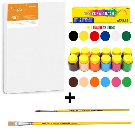 Kit Tela de Pintura 30 x 40 cm +6 Tintas Guache Desenhos Sortidos, CORTIARTE