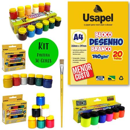 Imagem de Kit Tinta Guache Tempera Acrilex 30 Cores Neon Metálica Glitter Básica + Bloco Desenho A4 140g + Pincel Tigre Escolar