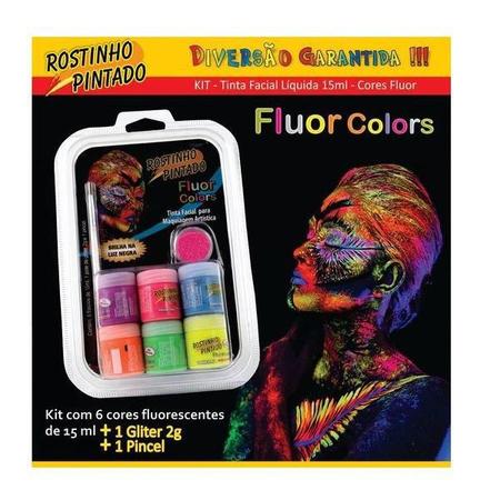 Imagem de Kit Tinta Maquiagem p/ Pele Rostinho Pintado Liquida 6 Cores Neon Fluor Glitter + Pincel