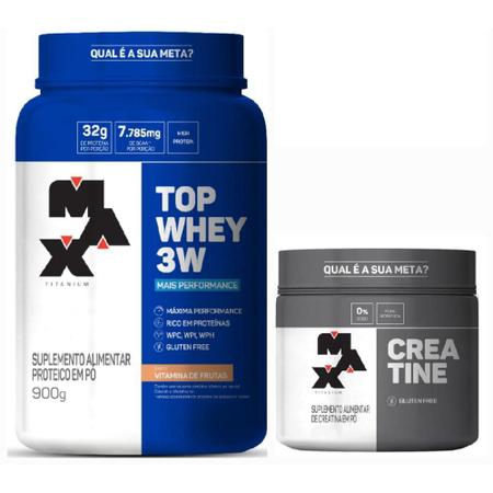 Kit Top Whey 3W Pote 900G Vitamina Frutas + Creatina Pura - Max Titanium Imagem de Kit Top Whey 3W Pote 900G Vitamina Frutas + Creatina Pura