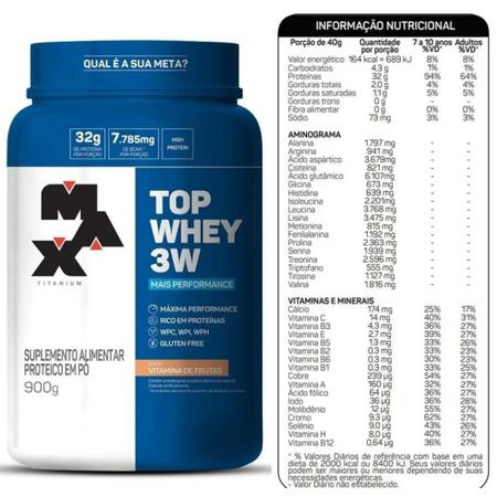 Kit Top Whey 3W Pote 900G Vitamina Frutas + Creatina Pura - Max Titanium Imagem de Kit Top Whey 3W Pote 900G Vitamina Frutas + Creatina Pura