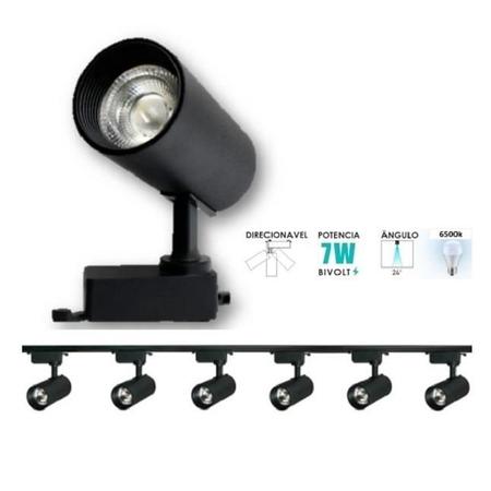 Imagem de Kit Trilho Eletrificado 2 Metros 6 Spot Led Preto 7W 6500K