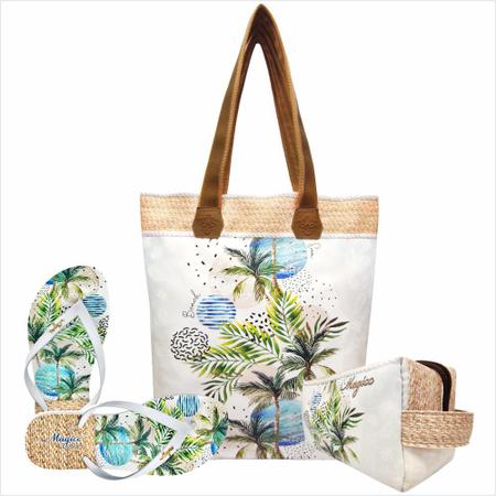 Imagem de Kit Tropical Feminino Coqueiros Tropicais com Bolsa, Necessaire e Chinelo, Magicc