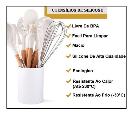 Imagem de Kit utensílios bambu com silicone branco 11 peças