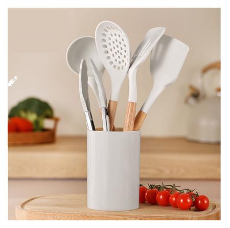 Imagem de Kit utensílios bambu com silicone branco 11 peças