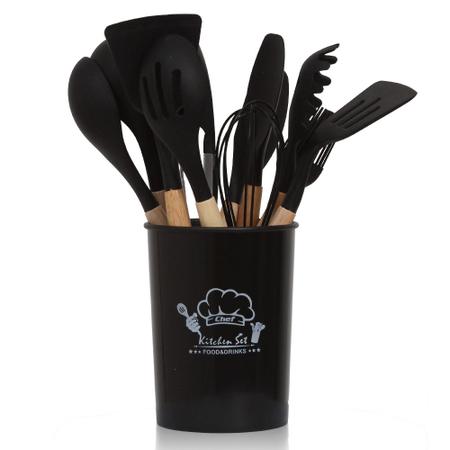 Imagem de Kit Utensílios Cozinha 12 Peças Madeira Silicone Resistente