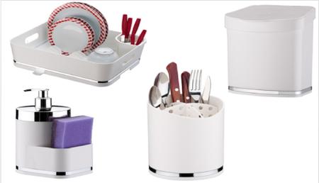 Imagem de Kit utensilios cozinha 4 peças branco Future escorredor de louças, lixeira, detergente, suporte talheres