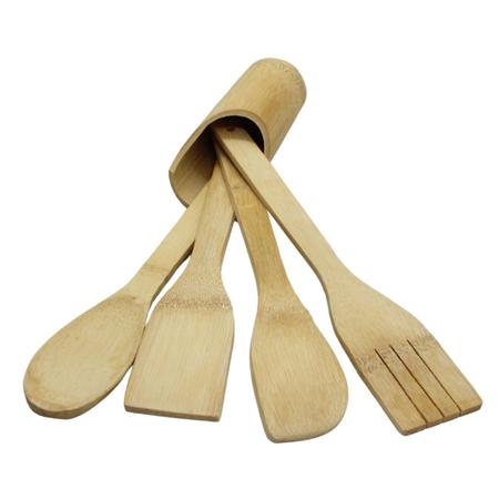 Imagem de Kit Utensílios Cozinha Colher de Pau Madeira Bambu 30 cm - Anti risco