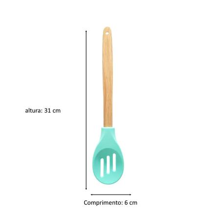 Imagem de Kit Utensílios Cozinha em Silicone Verde Cabo Madeira 6 Pcs