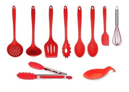 Imagem de Kit Utensílios Cozinha Silicone Maciço Vermelho Colheres 10pçs