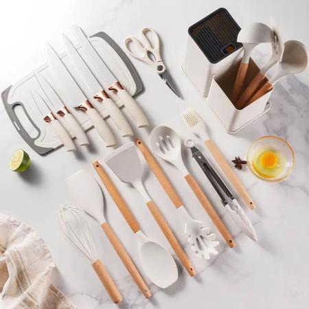 Imagem de Kit Utensílios De Cozinha Com Cabo De Madeira E Silicone 19 peças colher faca tabua