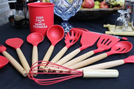 Imagem de Kit Utensílios de silicone cozinha vermelho com suporte 13peças madeira colher concha espatula livre de bpa uni su201322