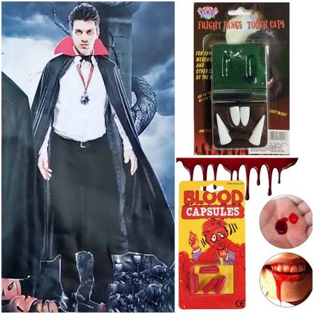 Imagem de Kit Vampiro Drácula Capa + Presas + Sangue Terror Halloween
