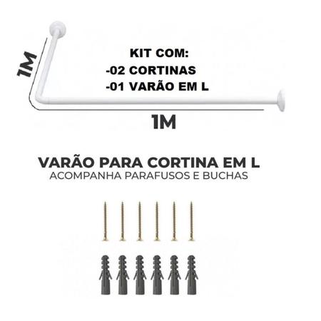 Imagem de Kit Varao em L Suporte haste Banheiro Box BRANCO 100X100cm + 2 Cortina Box LISA - BEGE