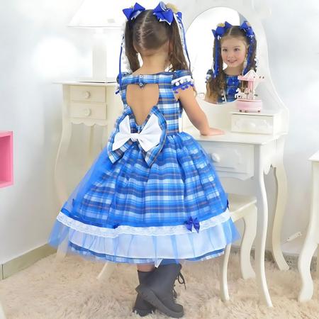 Imagem de Kit Vestido infantil Festa Junina São Joao Quadrilha Xadrez Azul + 2 laços + saia de filó