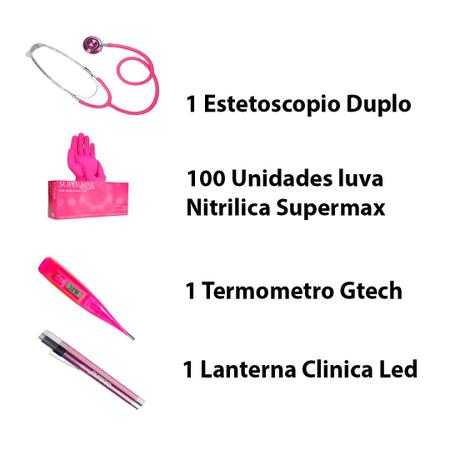 Imagem de Kit Veterinário Básico Clinico Rosa Estetoscópio , Luva Nitrilica , Termometro e Lanterna