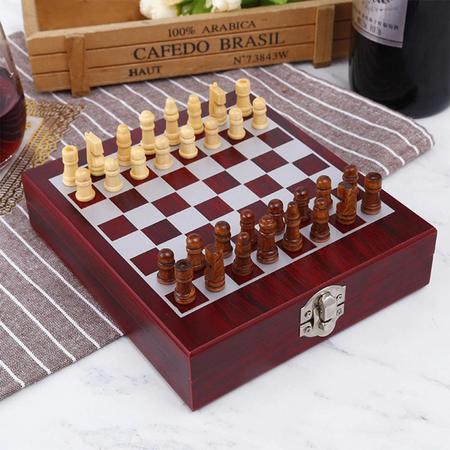 Case mini xadrez de madeira com kit vinho 17cm