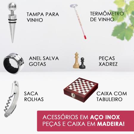 Kit Saca Rolha Abridor de Vinho Profissional e Acessórios Premium +  Tabuleiro e Peças Xadrez - Estojo