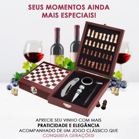 Kit Saca Rolha Abridor de Vinho Profissional e Acessórios Premium +  Tabuleiro e Peças Xadrez - Estojo Madeira Alto Brilho
