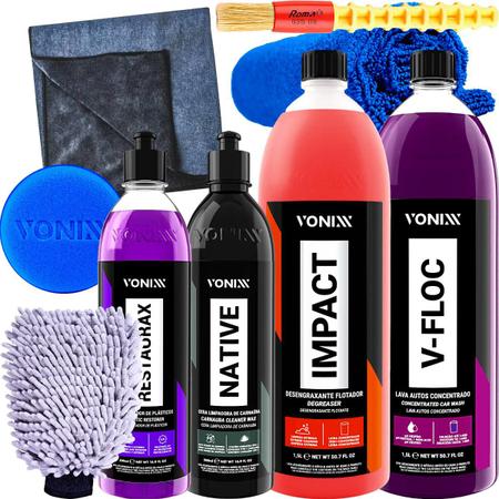 Imagem de Kit Vonixx Lavagem Automotiva e Restaura Plástico Shampoo + Cera + Microfibra + Pincel + Luva