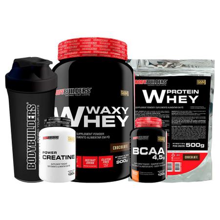 Imagem de Kit Waxy Whey 900g + Whey Protein 500g + BCAA 100g + Power Creatina 100g + Coqueteleira - Bodybuilders