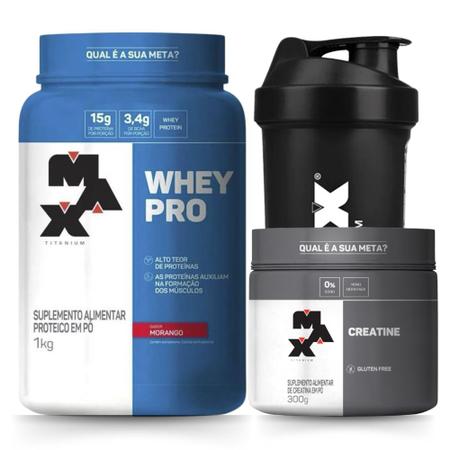 Imagem de Kit Whey Protein 1kg + Creatina 300g e Garrafa - Max Titanium - Massa Muscular e Energia