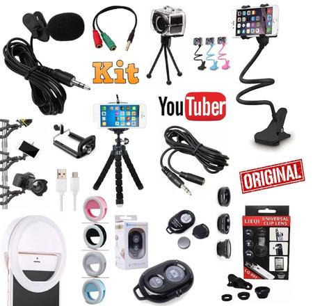 Imagem de Kit Youtuber 15x1 Profissional Tripé 1,30m Lapela + Microfone Mesa Celular + Iluminador Luz Ring Light Flash + Bastão