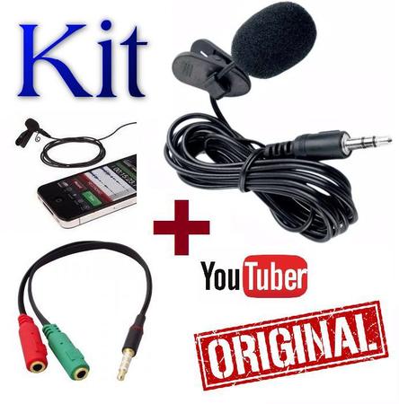 Imagem de Kit Youtuber Microfone de Lapela Celular Câmera + Adaptador + Extensão 3 Metros Universal